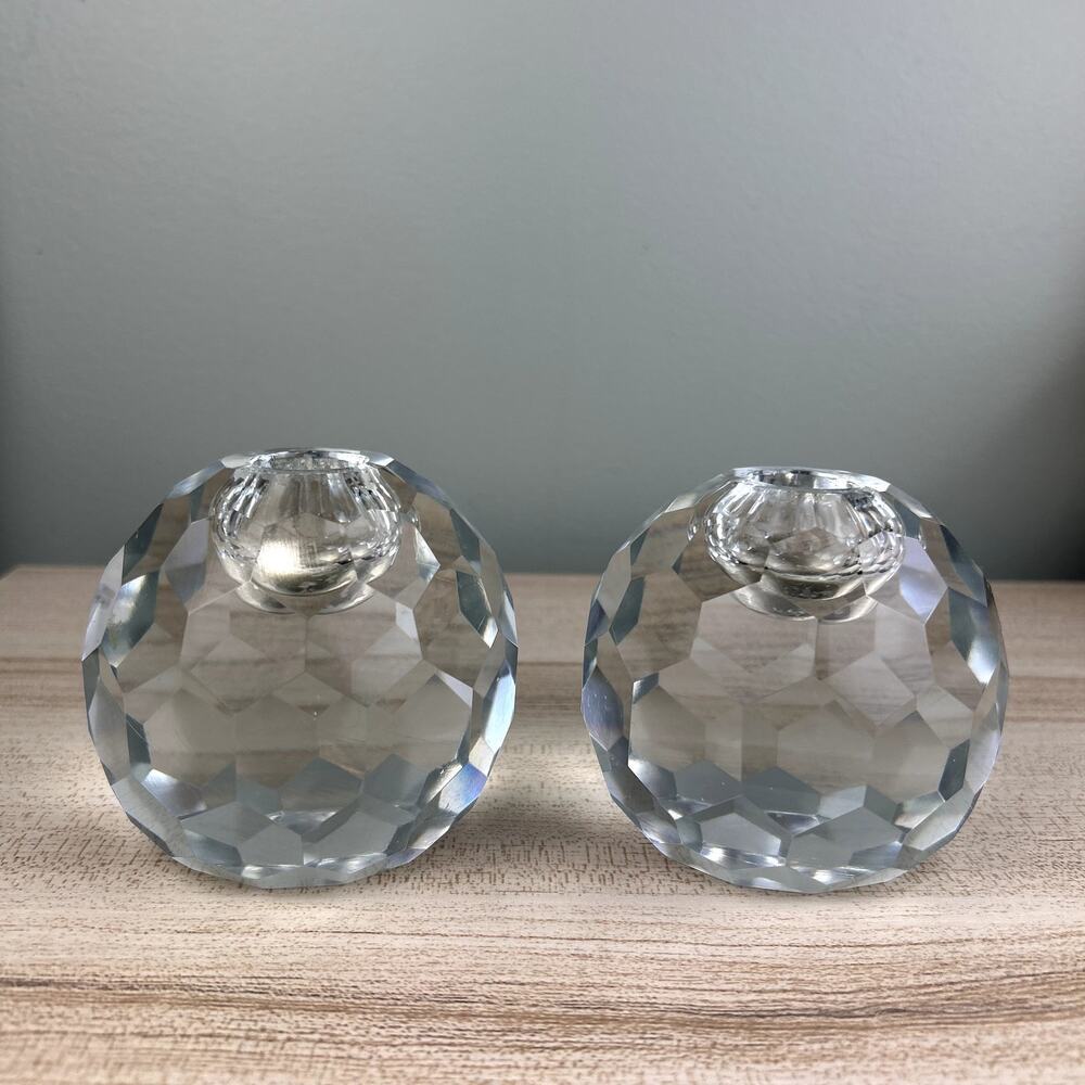 Vintage Faceted Spherical Glass Candlestick Holder Honeycomb Set of 2